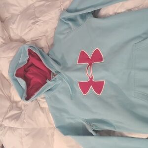 Under Armour Women’s Light Blue Hoodie with Hot Pink Logo Small